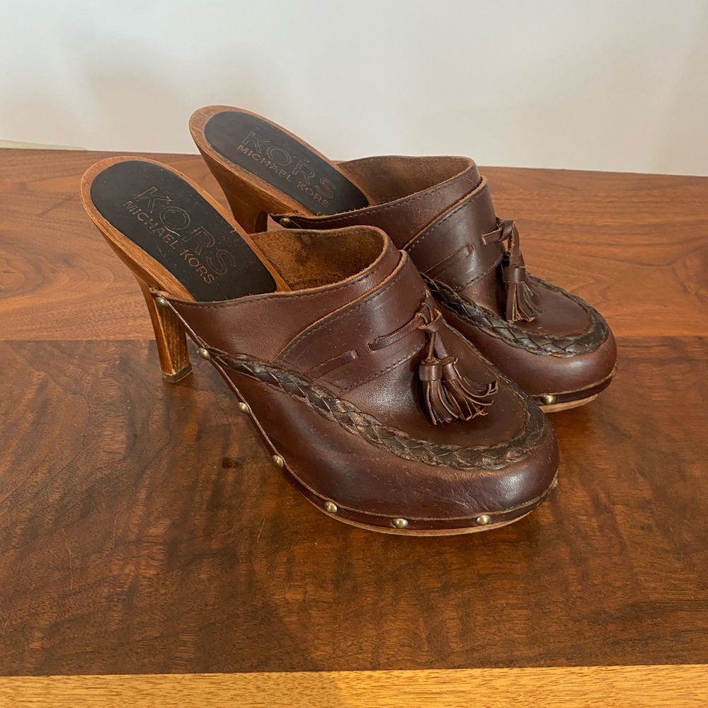 Striking Michael Kors Leather Tassel Clogs Mules Heels Stilettos